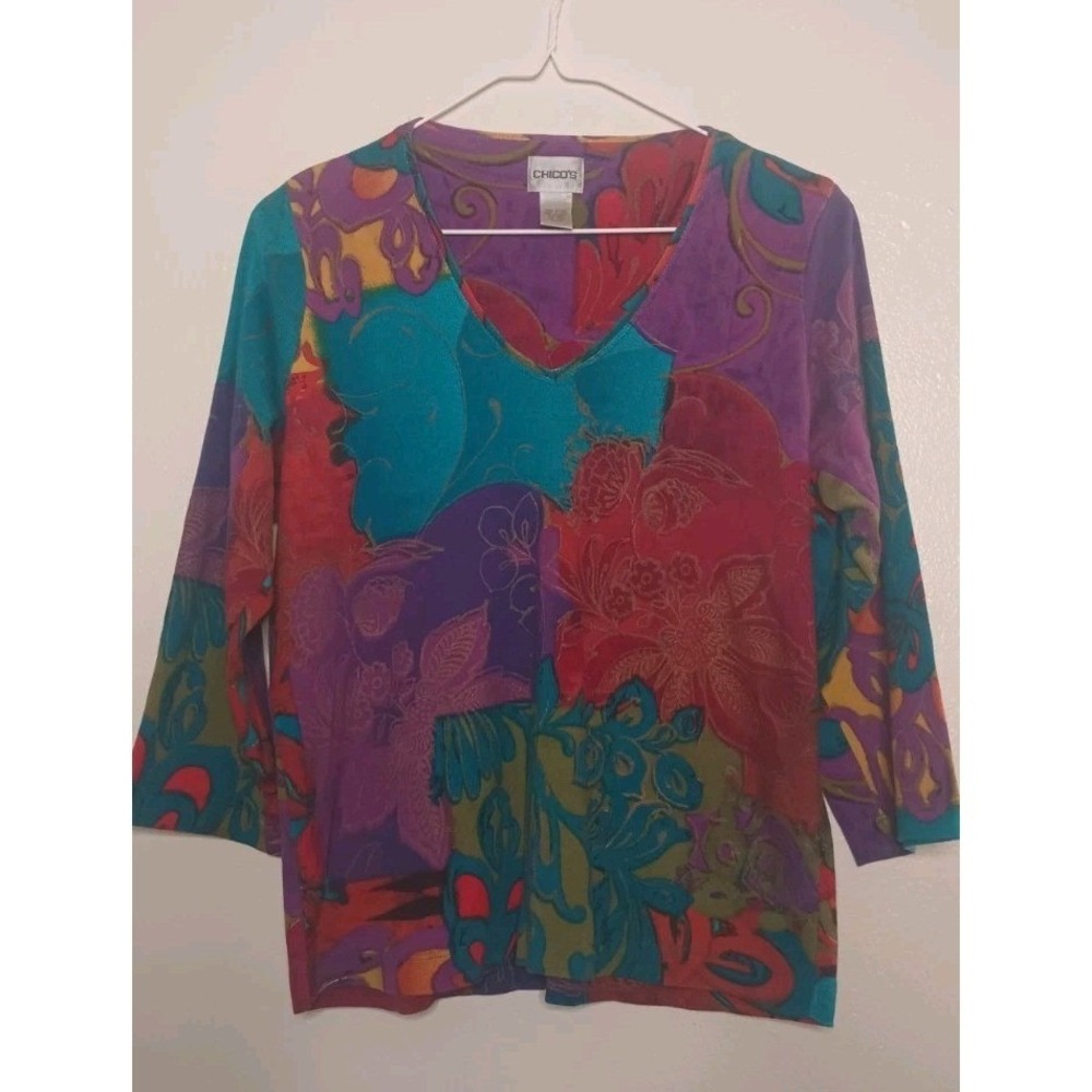 VTG Chicos Cotton Floral Top Size L(2) Whimsigoth Artsy Psychedelic Bright 90s